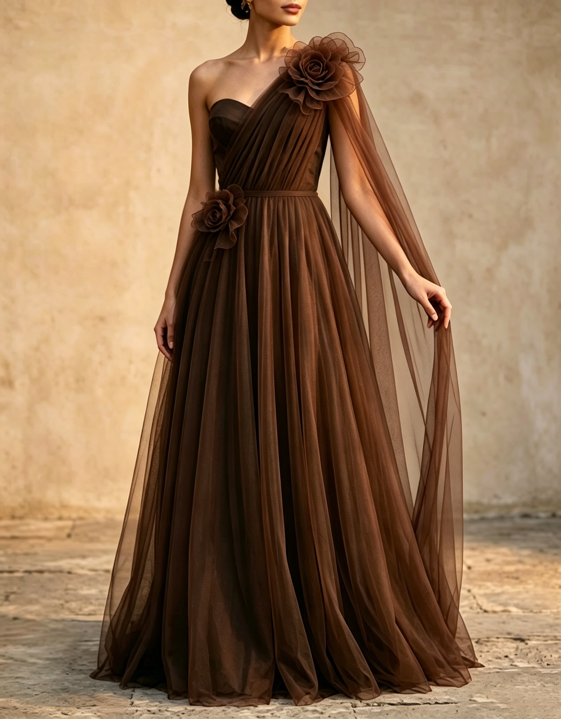 Vestido maxi línea A con capa y fajín, tul drapeado de un solo hombro y flores 3D