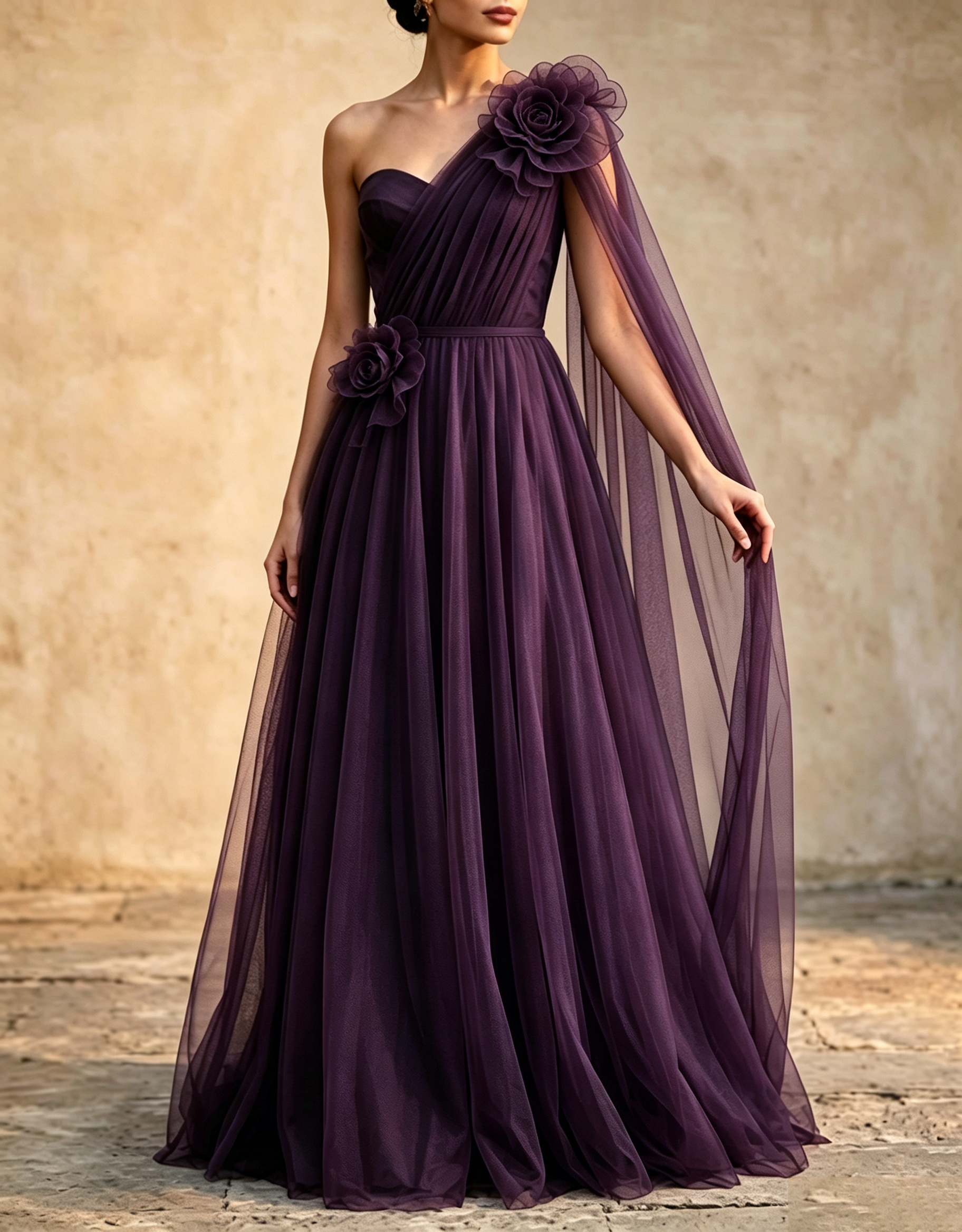Vestido maxi línea A con capa y fajín, tul drapeado de un solo hombro y flores 3D