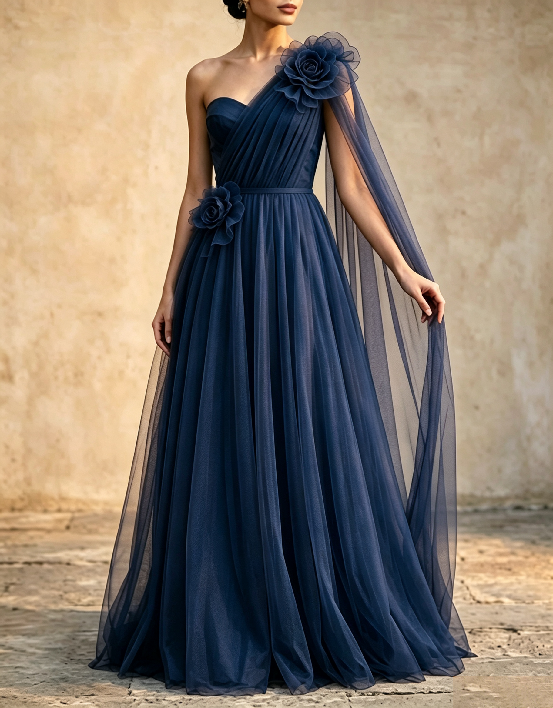 Vestido maxi línea A con capa y fajín, tul drapeado de un solo hombro y flores 3D