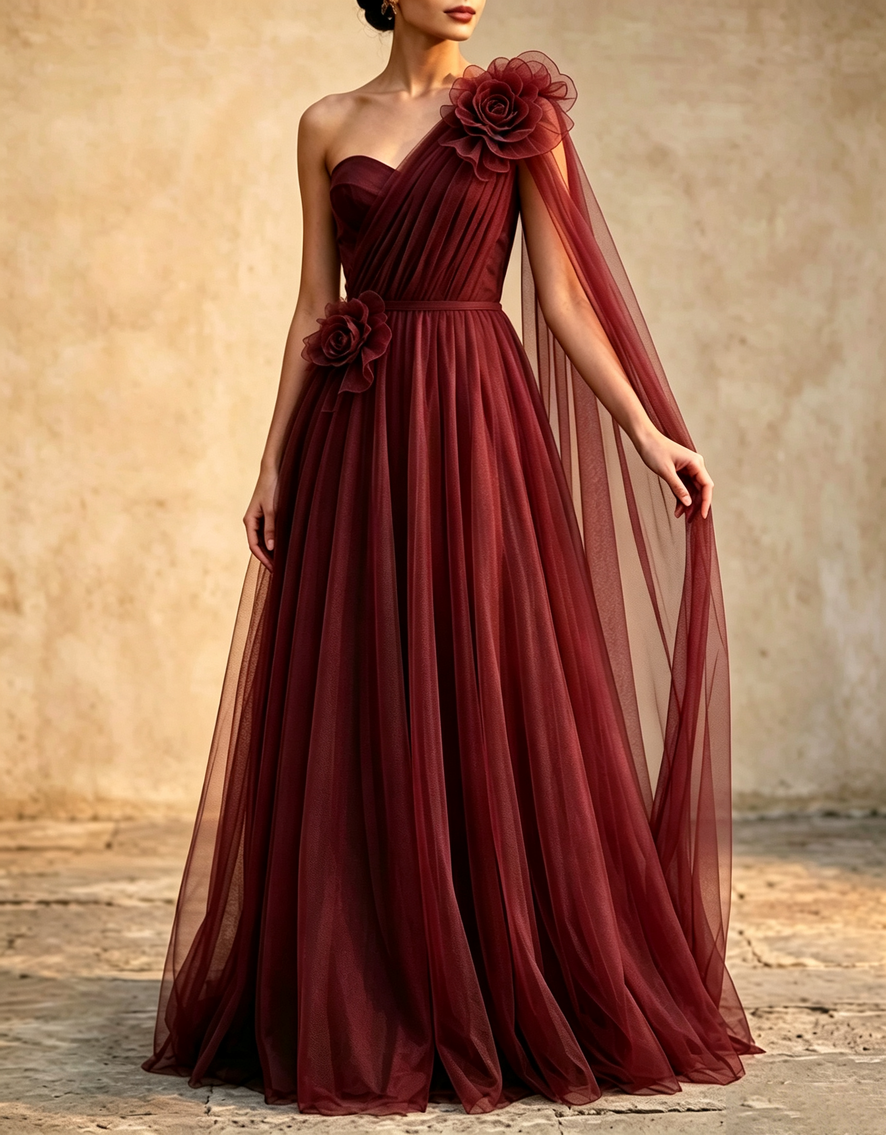 Vestido maxi línea A con capa y fajín, tul drapeado de un solo hombro y flores 3D