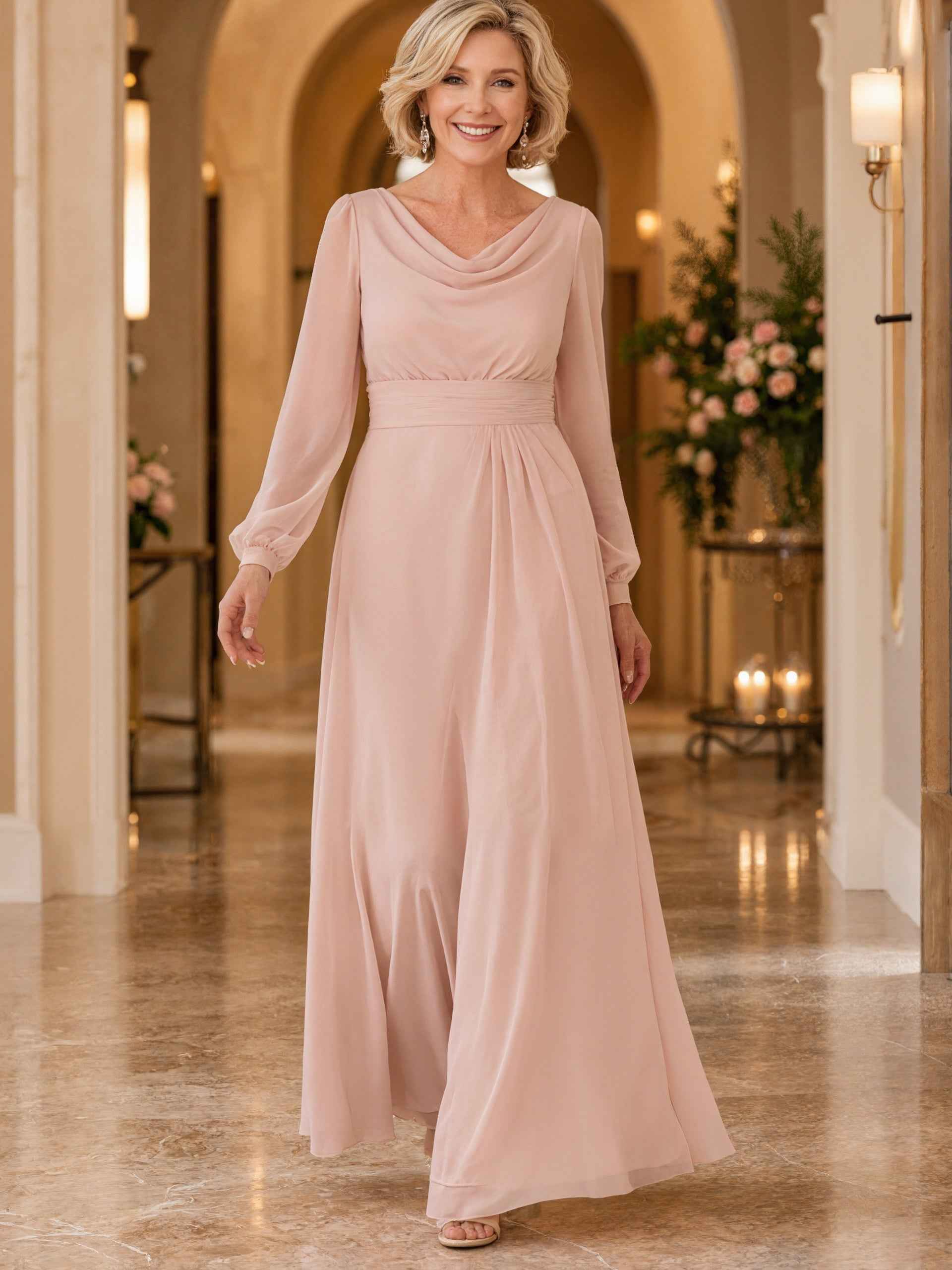 Pink Chiffon Long Sleeves Maxi Dress
