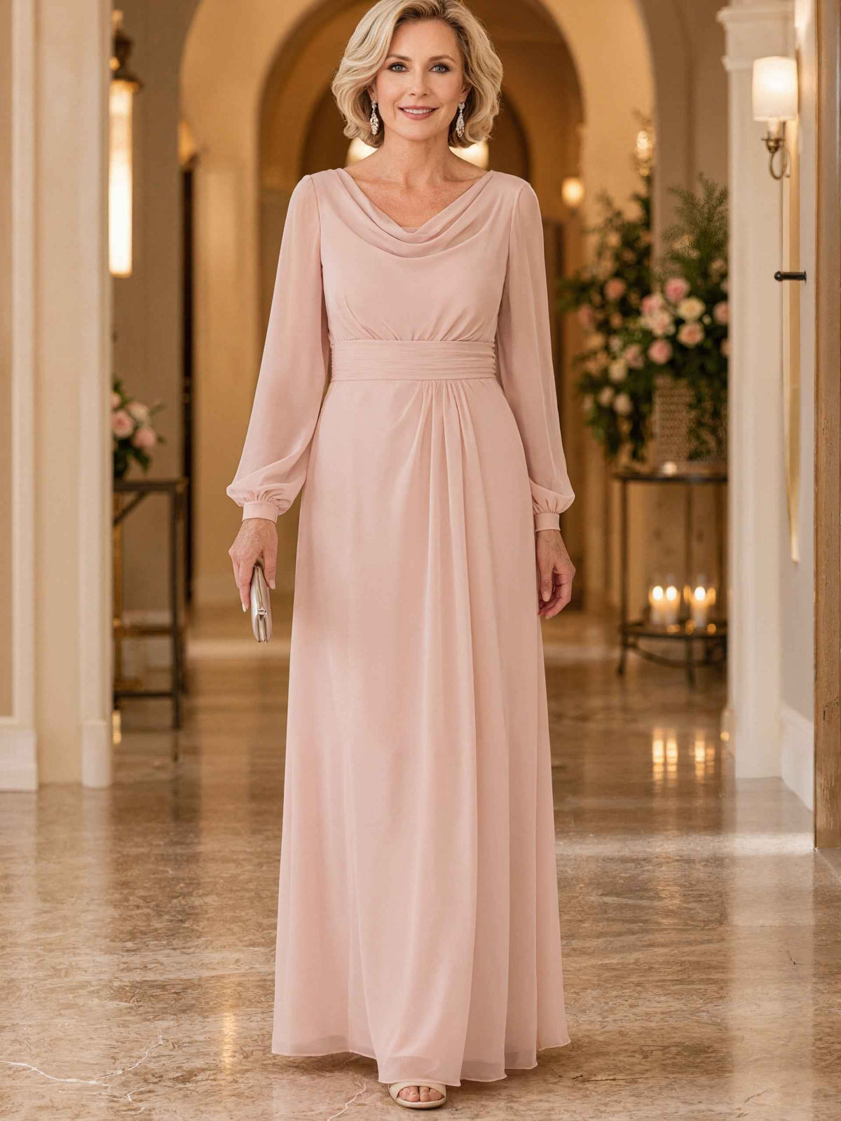 Pink Chiffon Long Sleeves Maxi Dress
