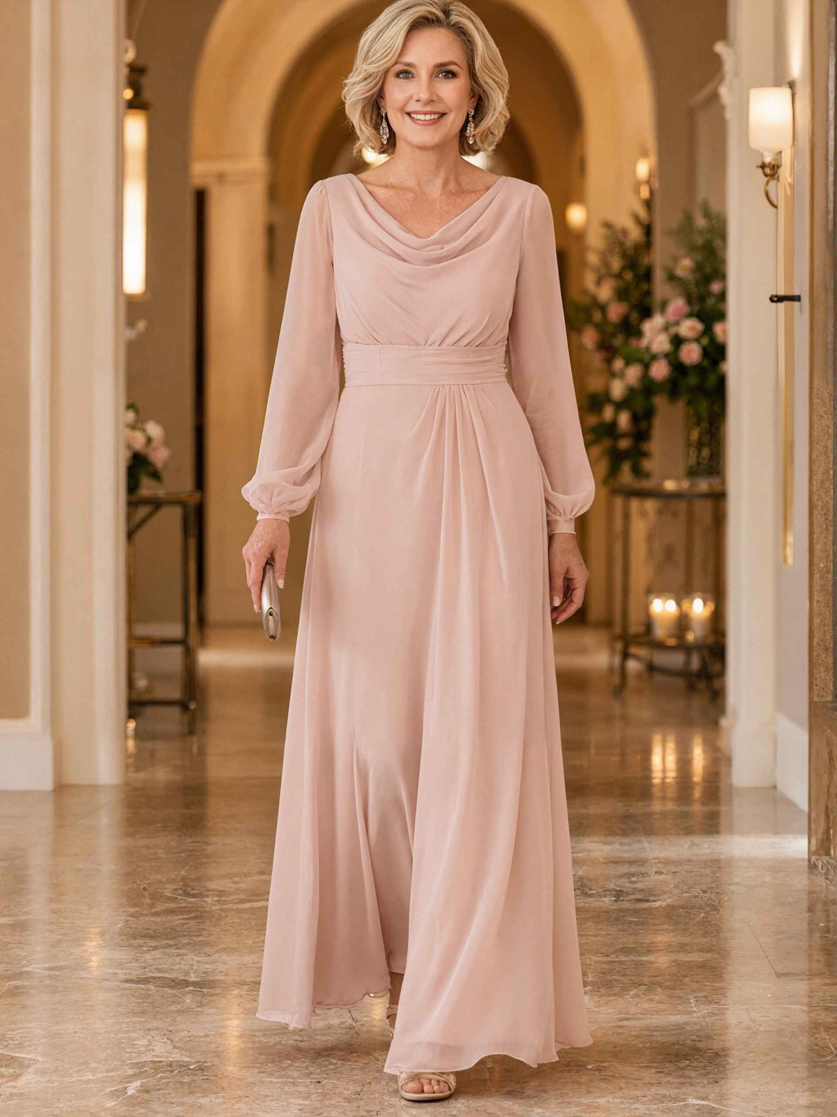 Pink Chiffon Long Sleeves Maxi Dress
