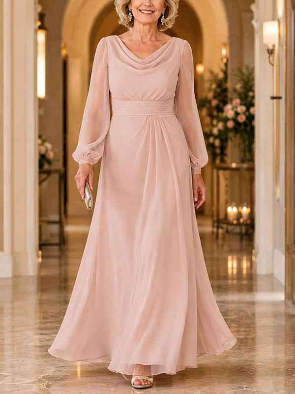 Pink Chiffon Long Sleeves Maxi Dress