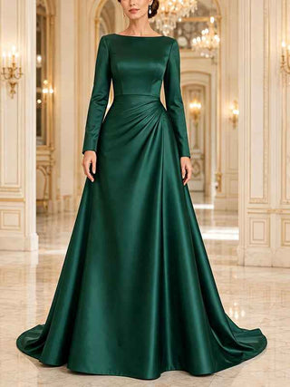 Green Satin Long Sleeved Maxi Dress