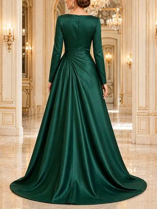 Green Satin Long Sleeved Maxi Dress