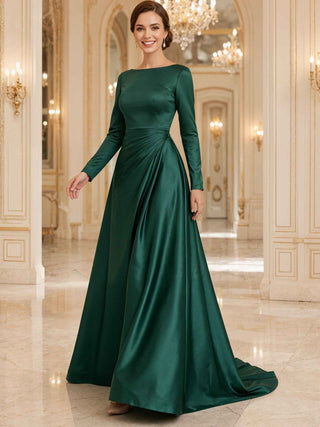 Green Satin Long Sleeved Maxi Dress