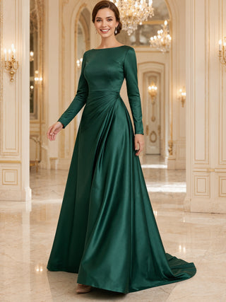 Green Satin Long Sleeved Maxi Dress