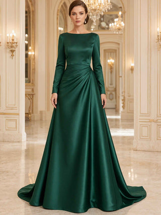 Green Satin Long Sleeved Maxi Dress