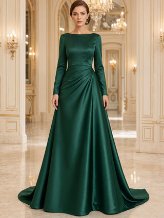Green Satin Long Sleeved Maxi Dress