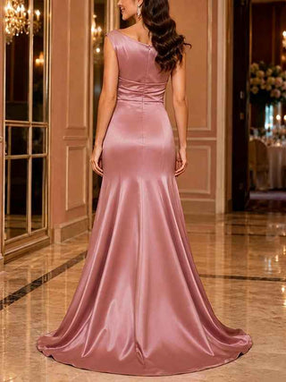 Pink Satin Sleeveless Pleated Maxi Dress