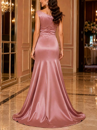 Pink Satin Sleeveless Pleated Maxi Dress