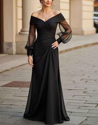 Black Off Shoulder Mesh Sleeves With Ruffled Chiffon Maxi Dress