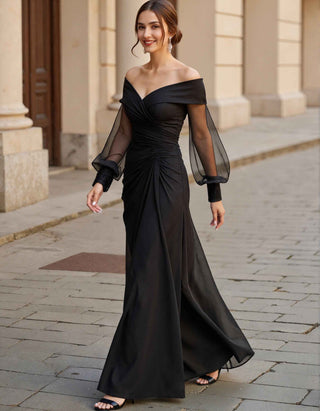 Black Off Shoulder Mesh Sleeves With Ruffled Chiffon Maxi Dress