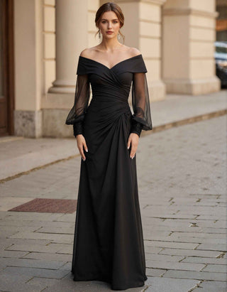 Black Off Shoulder Mesh Sleeves With Ruffled Chiffon Maxi Dress