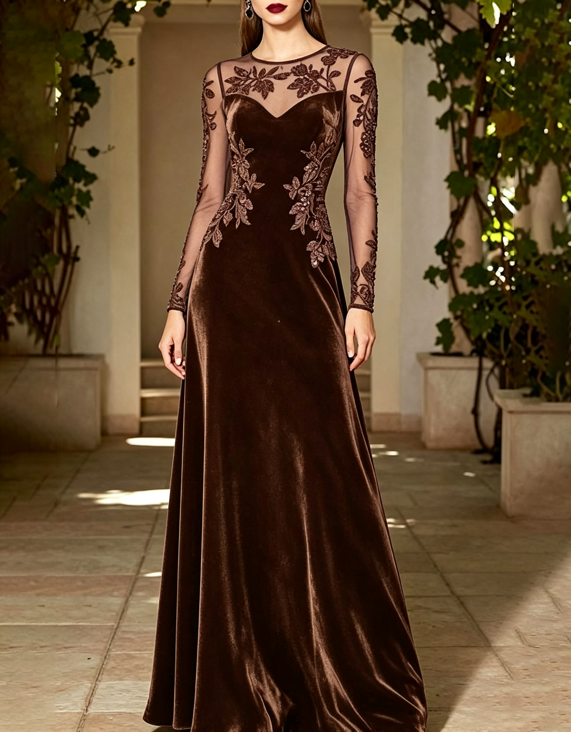 Vestido largo de terciopelo afelpado, con cuello redondo, panel de malla transparente, encaje floral y corte en A