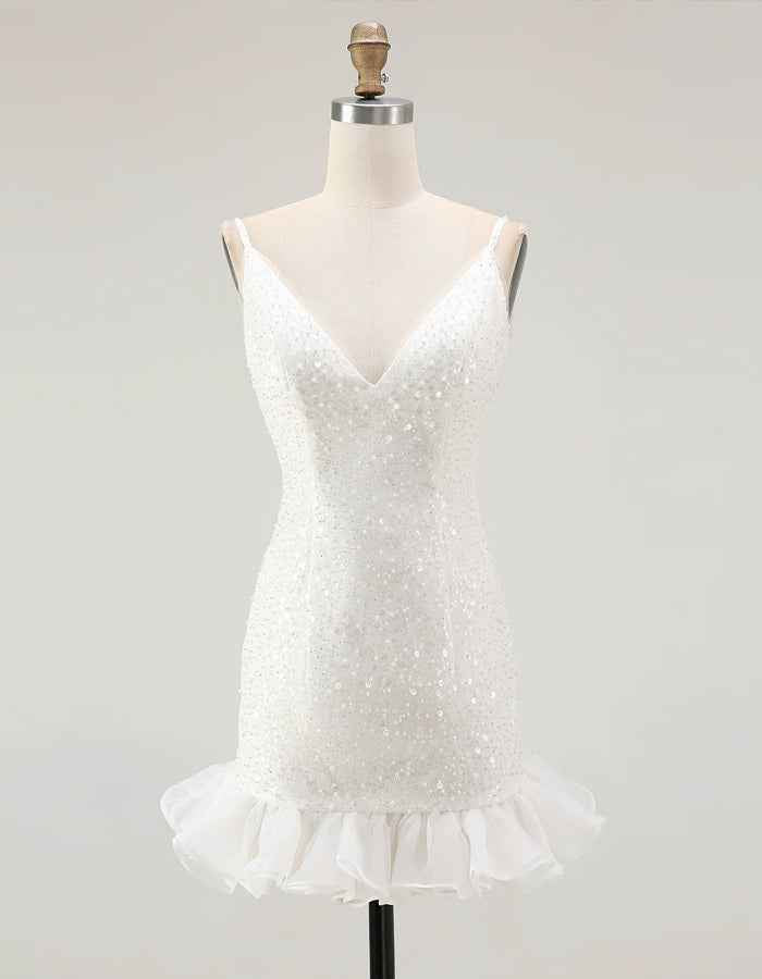 White Deep V-Neck Spaghetti Strap Sequined Mini Dress