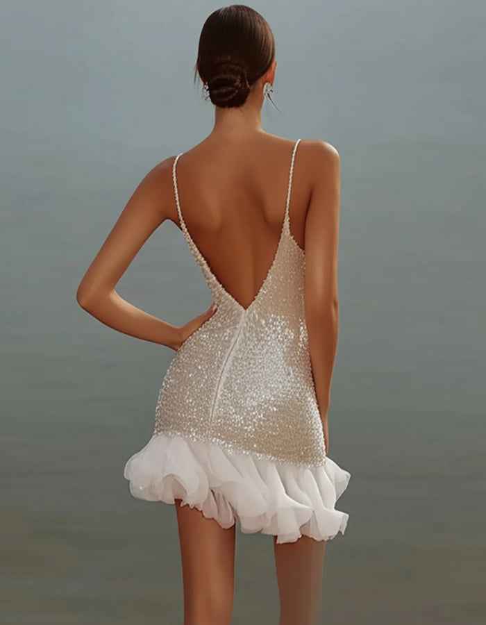 White Deep V-Neck Spaghetti Strap Sequined Mini Dress