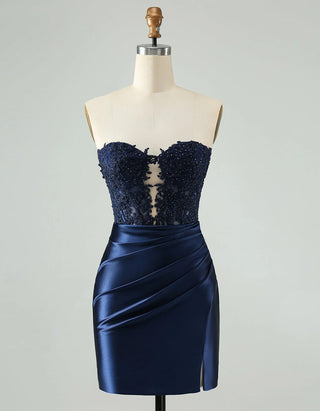 Minidress in raso blu scuro con pizzo