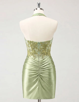 Sage Green Halter Neck Lace Satin Mini Dress