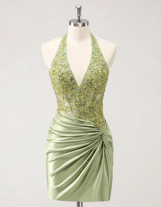 Sage Green Halter Neck Lace Satin Mini Dress