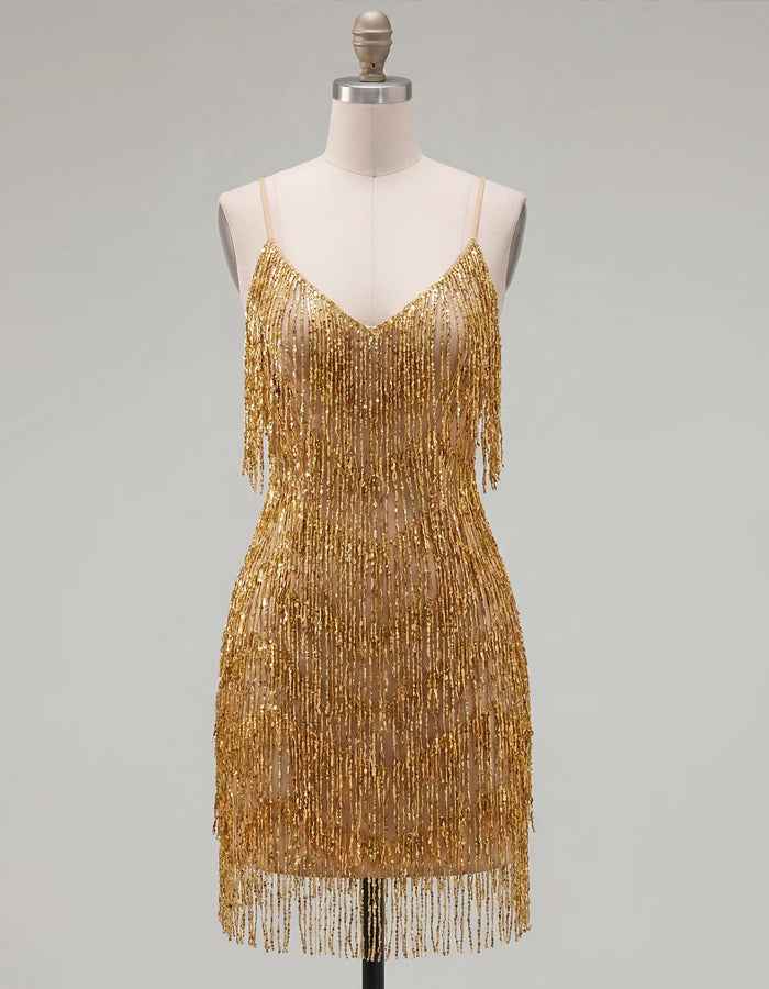 Gold Sequined Tassel Mini Dress