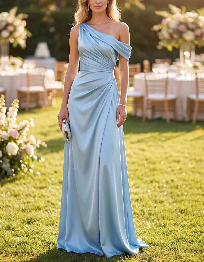 Sky Blue One Shoulder Draped Satin Maxi Dress