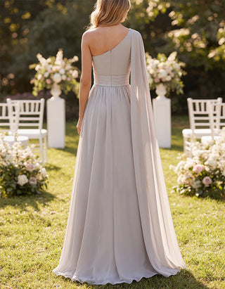 Light Gray Chiffon One Shoulder Shawl Sleeve With Slit Maxi Dress