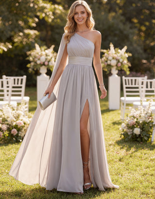 Light Gray Chiffon One Shoulder Shawl Sleeve With Slit Maxi Dress