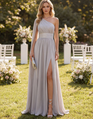 Light Gray Chiffon One Shoulder Shawl Sleeve With Slit Maxi Dress