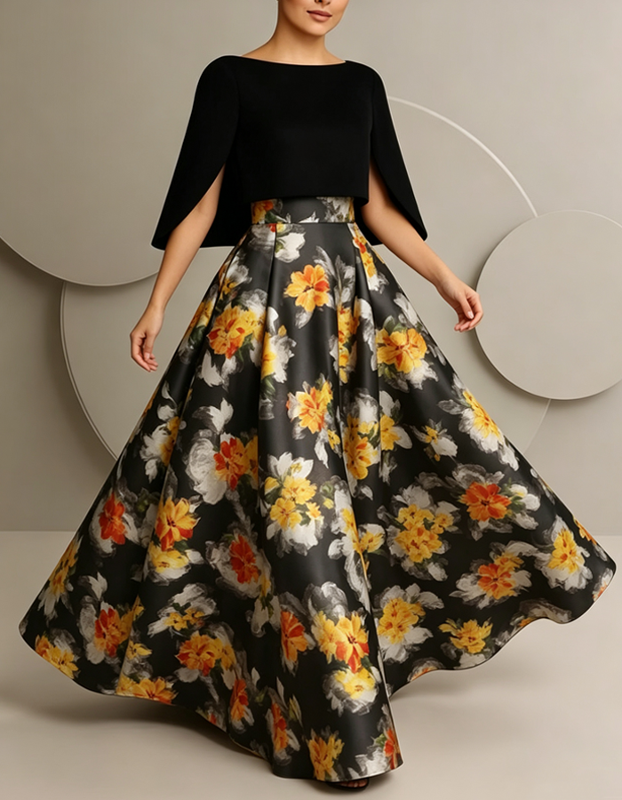 Shawl-sleeved Printed Satin  Maxi Dress
