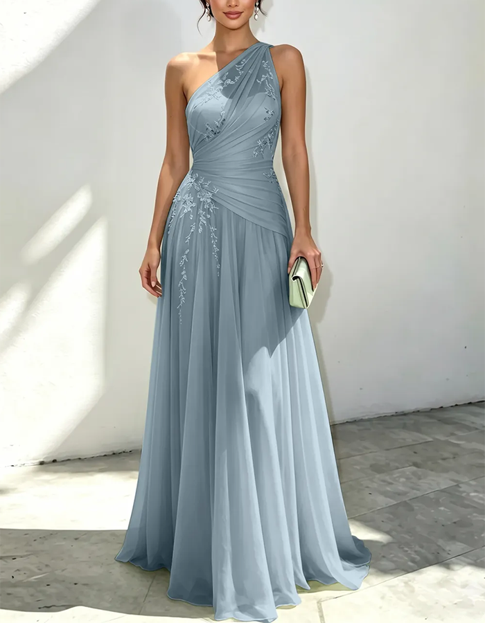 Vestido Maxi de Chiffon Verde-Sálvia com Um Ombro e Contas