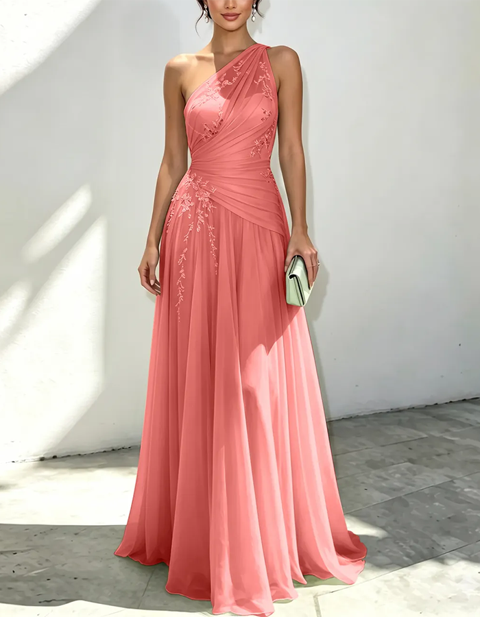 Vestido Maxi de Chiffon Verde-Sálvia com Um Ombro e Contas