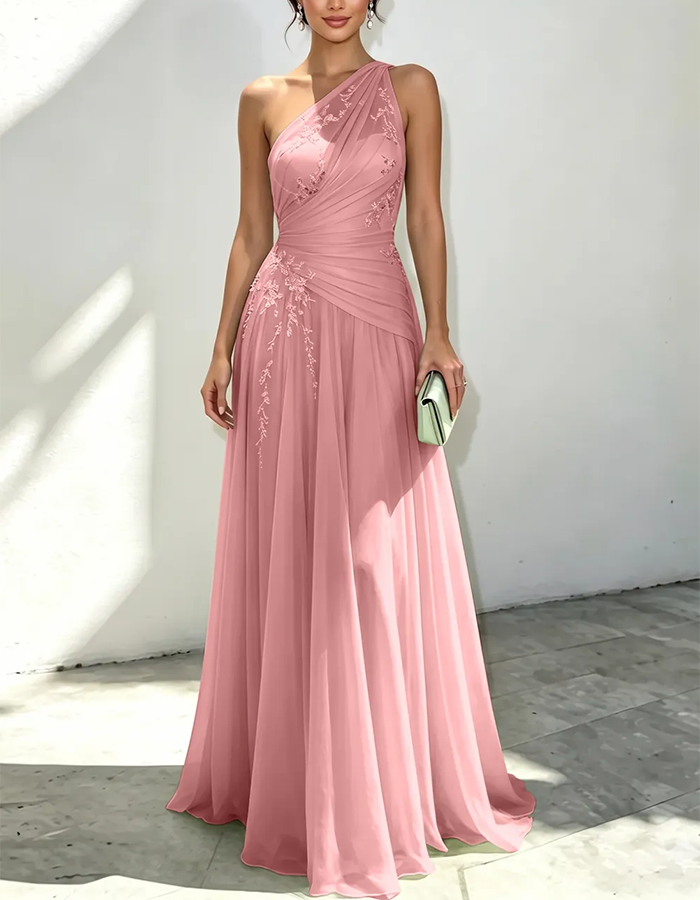 Vestido Maxi de Chiffon Verde-Sálvia com Um Ombro e Contas