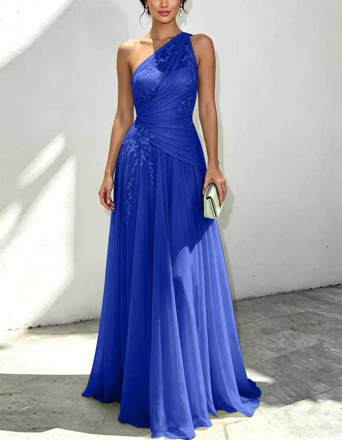 Vestido Maxi de Chiffon Verde-Sálvia com Um Ombro e Contas