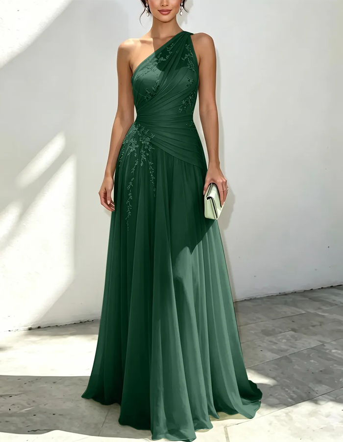 Vestido Maxi de Chiffon Verde-Sálvia com Um Ombro e Contas