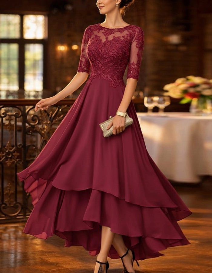 Vestido midi de chiffon de renda, de cor sólida, com bainha mais curta à frente e mais comprida atrás