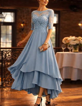 Solid Color Lace Chiffon High And Low Hem Midi Dress