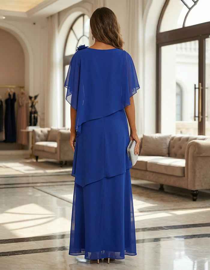 Solid Color Chiffon Layered Round Neck Maxi Dress