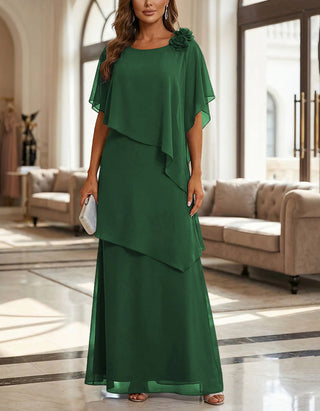 Einfarbiges Chiffon-Maxikleid mit mehreren Lagen und Rundhalsausschnitt