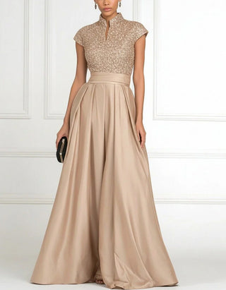 Robe longue en satin à sequins, couleur unie, avec col montant