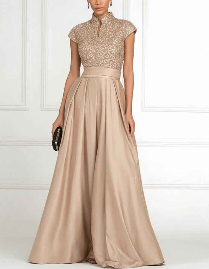 Solid Color Sequined Satin Stand Collar Maxi Dress