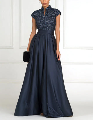 Robe longue en satin à sequins, couleur unie, avec col montant