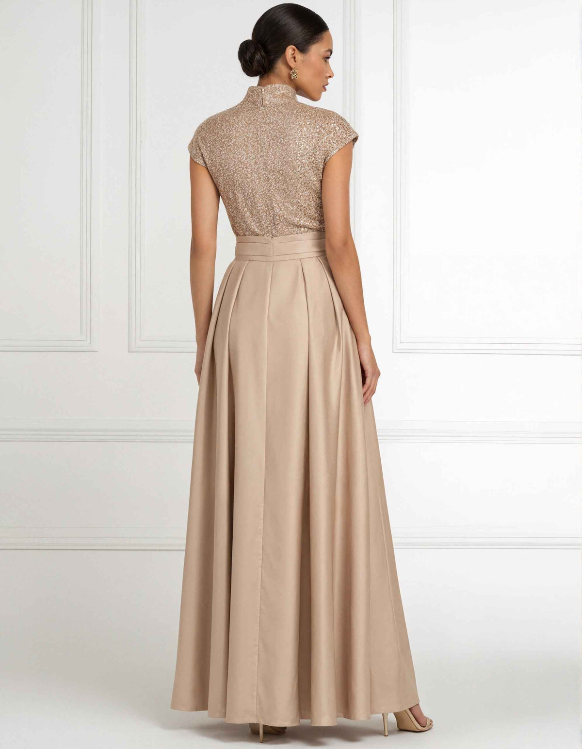 Solid Color Sequined Satin Stand Collar Maxi Dress