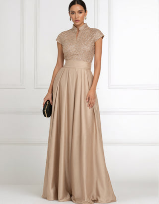 Robe longue en satin à sequins, couleur unie, avec col montant