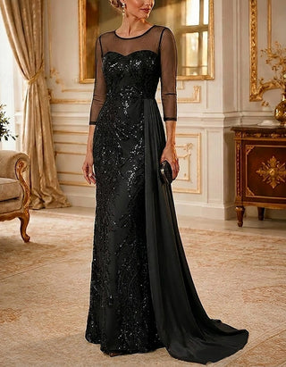 Rochie maxi neagră din satin și plasă cu paiete