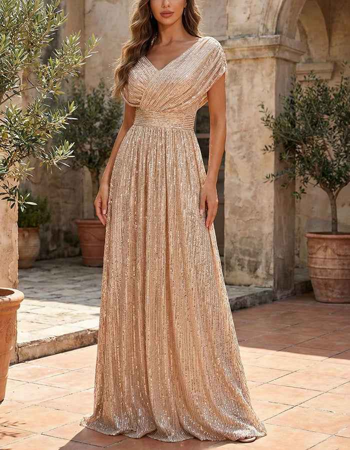 Champagne Colored Sequined A-line Maxi Dress