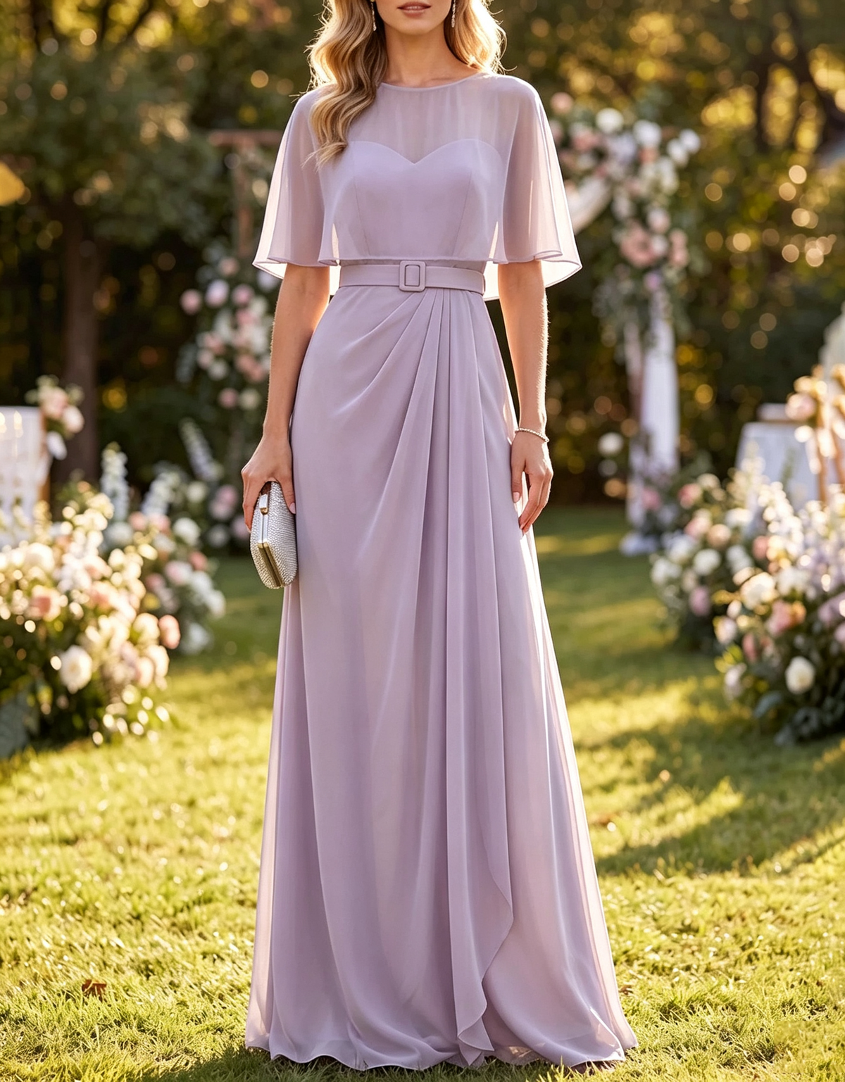 Vestido largo drapeado de gasa con escote redondo, capa corta y cintura ceñida con cinturón
