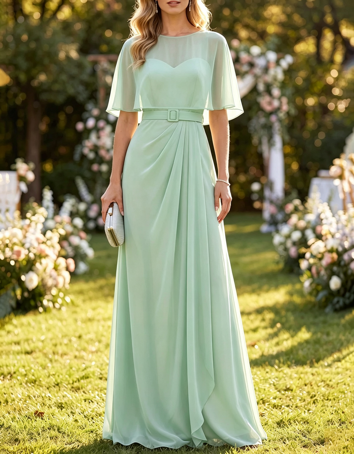 Chiffon-Maxikleid mit rundem Ausschnitt, Capelet, Taillengürtel und Drapierung