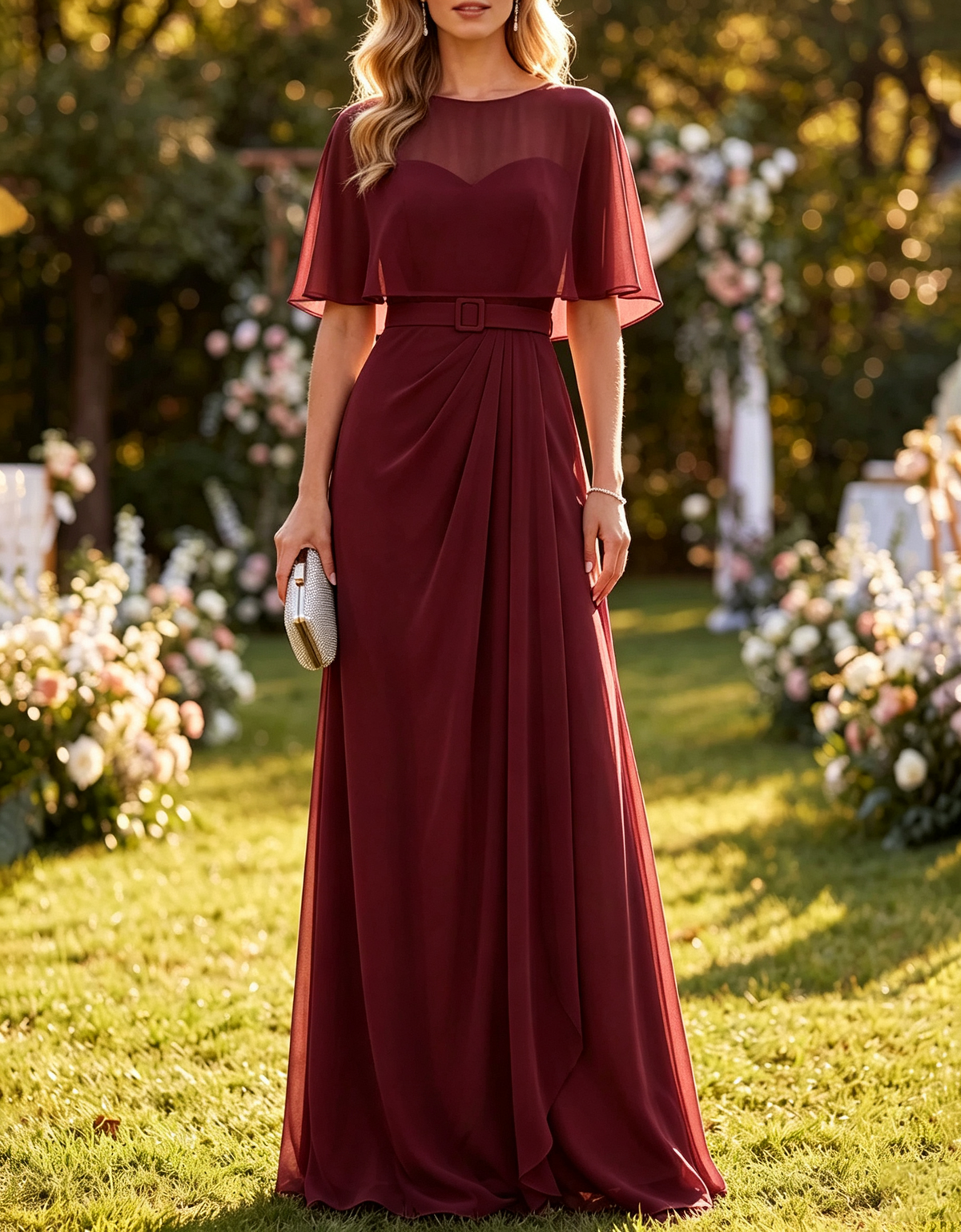 Vestido largo drapeado de gasa con escote redondo, capa corta y cintura ceñida con cinturón